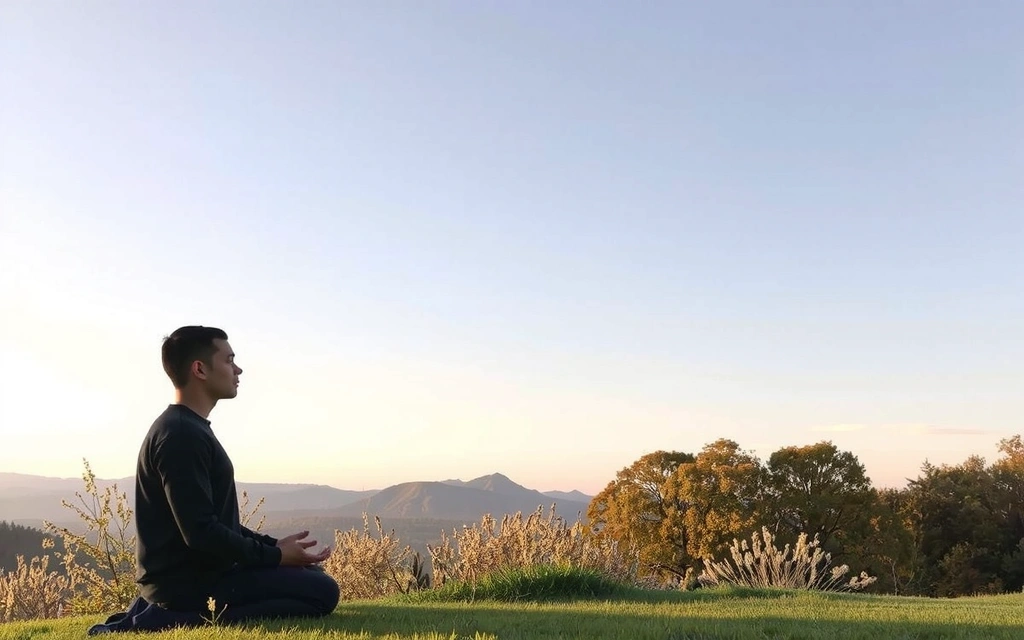 A person meditating peacefully outdoors under a clear sky