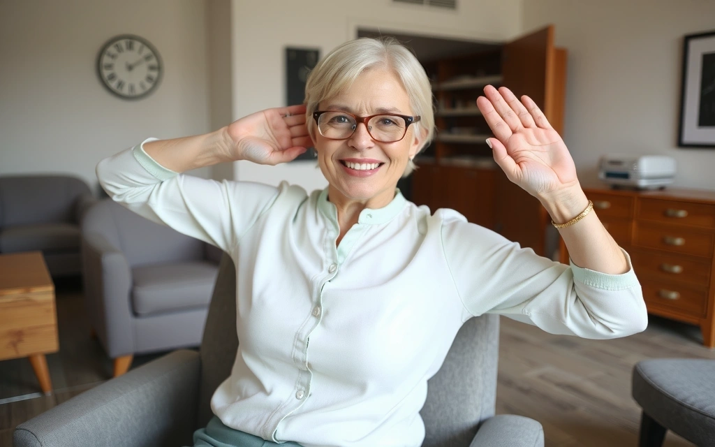 Elderly person gently stretching in chair yoga