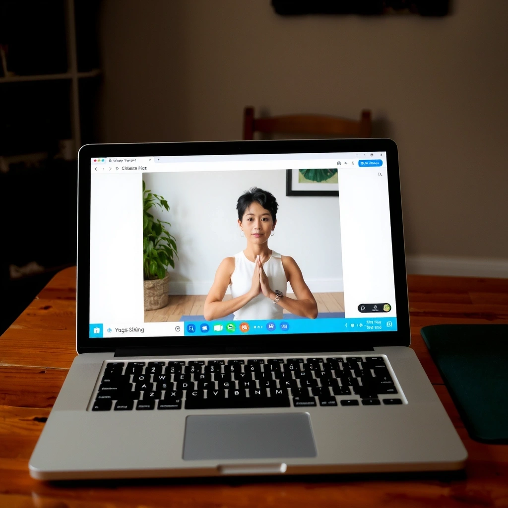 Laptop screen displaying an online yoga class