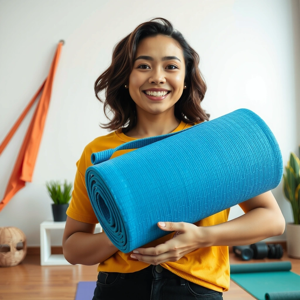 New member holding a yoga mat with a welcoming smile