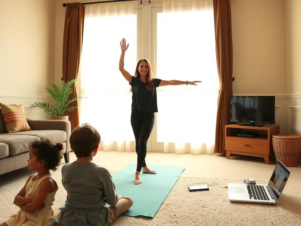 A person practicing yoga at home in a calm setting, illuminated by soft natural light, using a laptop for an online class, with no text or inscriptions.