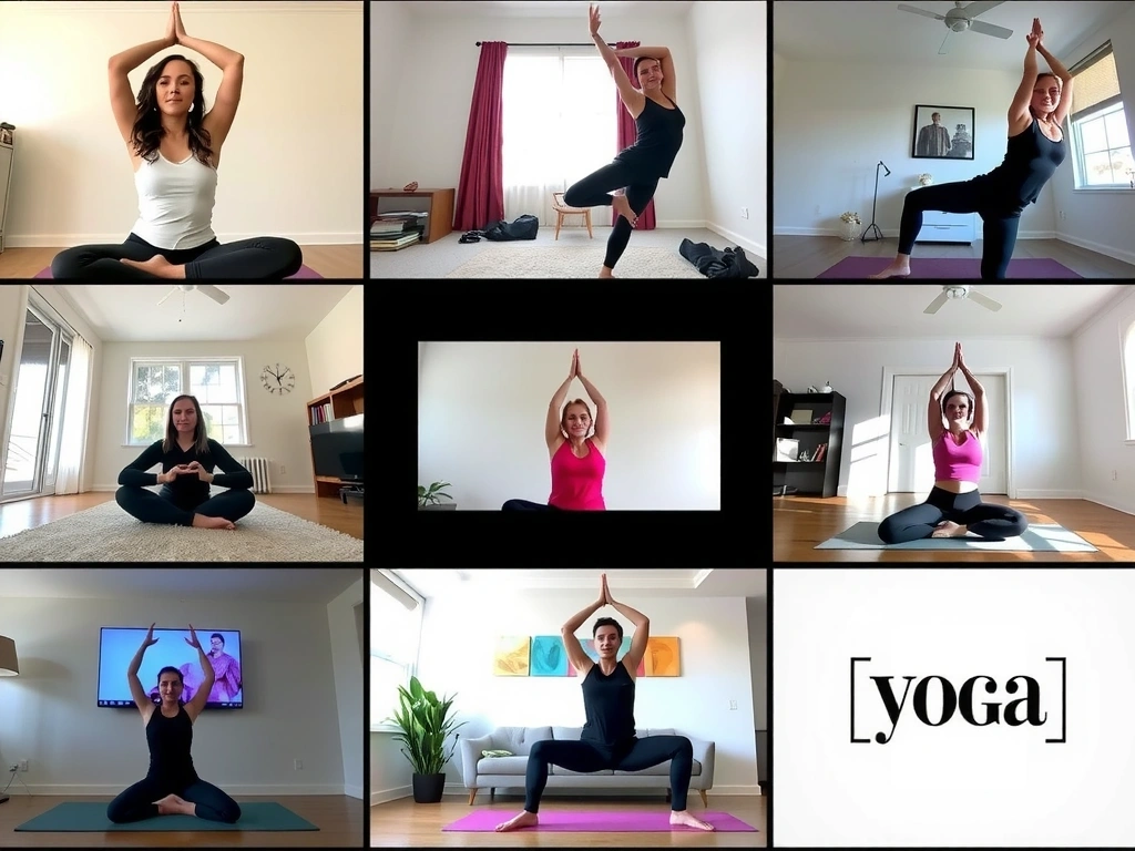 A diverse group of people practicing yoga simultaneously in their individual homes, each visible in a separate video frame on a large screen, symbolizing a live online class. The mood is focused and serene.