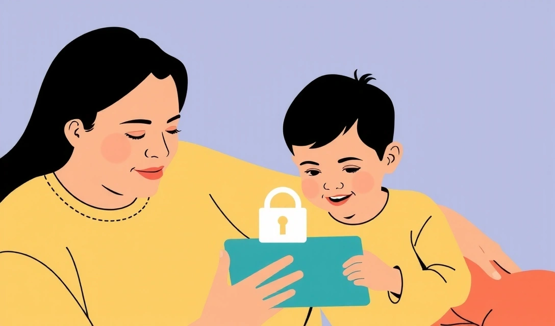 Stylized illustration of a parent and child, with a digital privacy shield, representing children's online safety