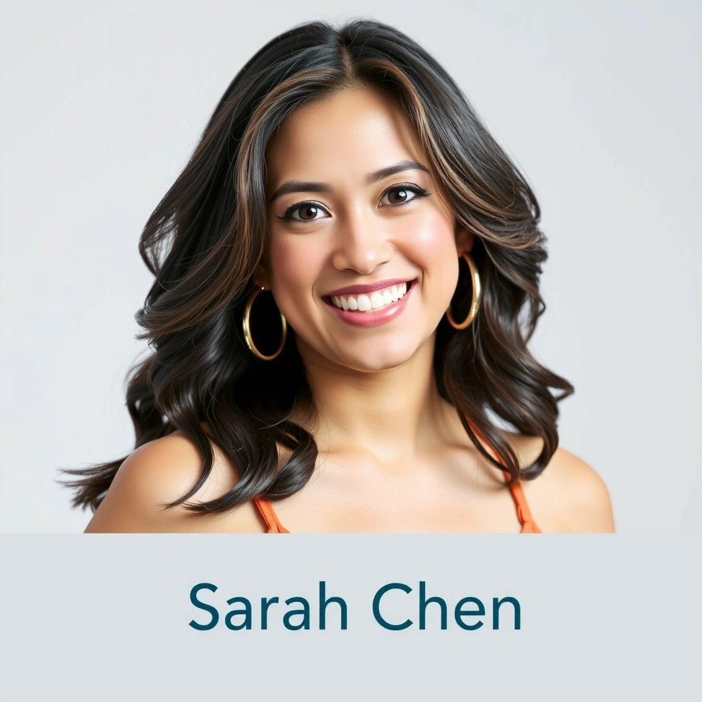 Portrait of Sarah Chen, a yoga teacher with a warm smile.