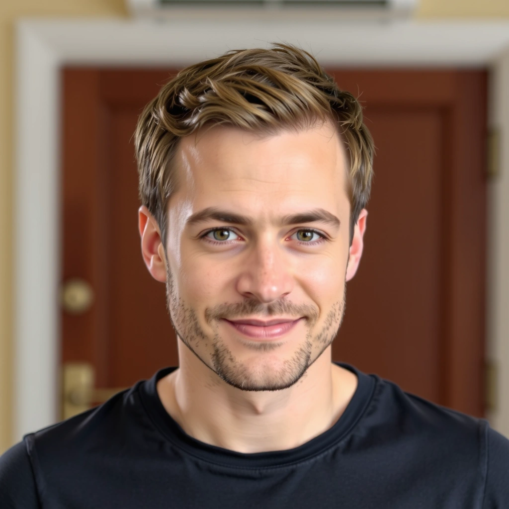 Portrait of David Miller, a calm and focused yoga teacher.