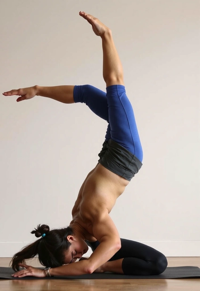 Person practicing a challenging yoga pose, demonstrating focus and discipline
